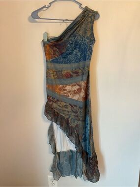 One-Shoulder Floral Stripe Ruffled Dress in Blue and Brown